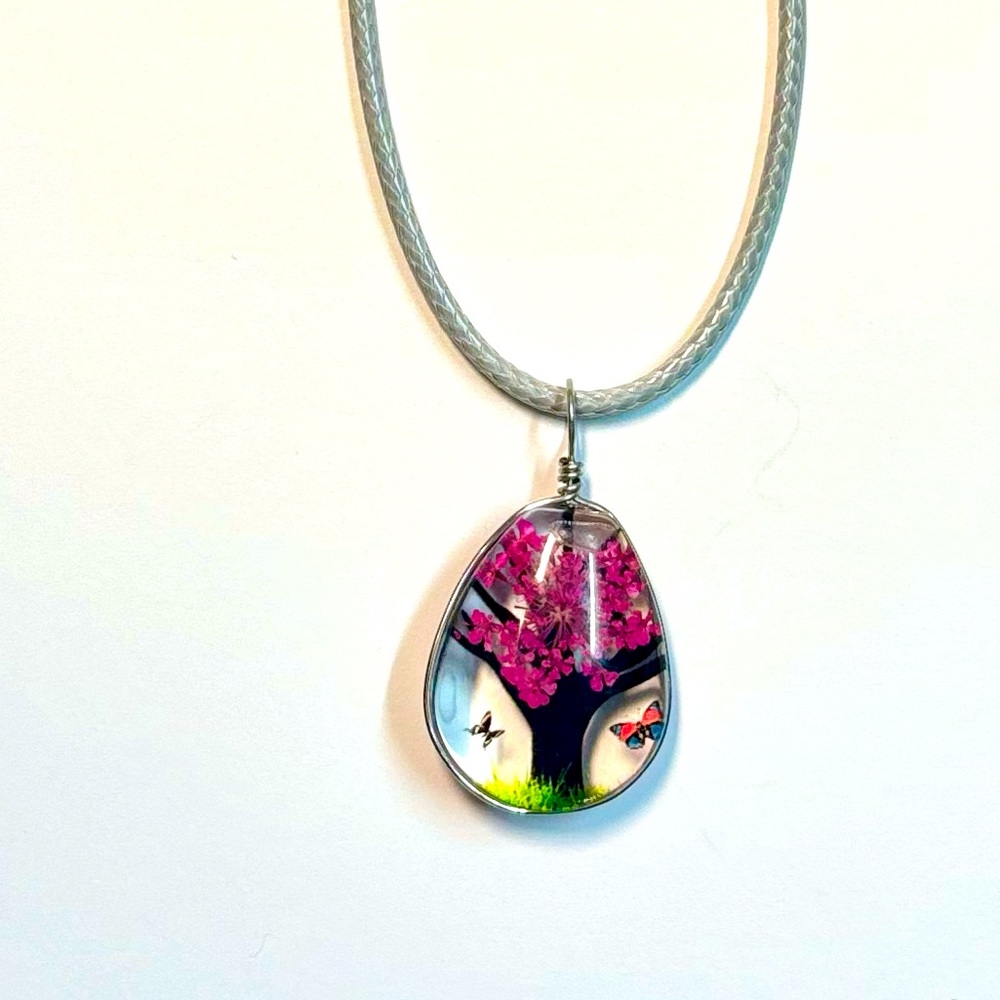 Handmade Lace Dried Flowers Oval Pendant Necklace #16